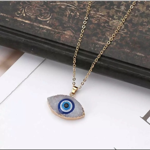 Jewelry - White Evil Eye Gold Druzy Necklace